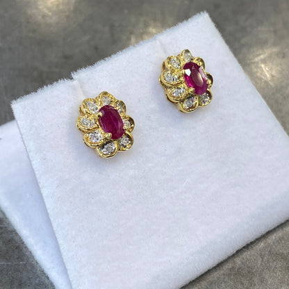 Boucles D'oreilles Art Déco - Or Jaune 750 Rubis & Diamants Occasion